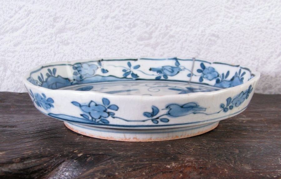 古伊万里 藍柿右衛門 鹿文小皿No5 角福銘 幅：14cm 江戸中期/26a067