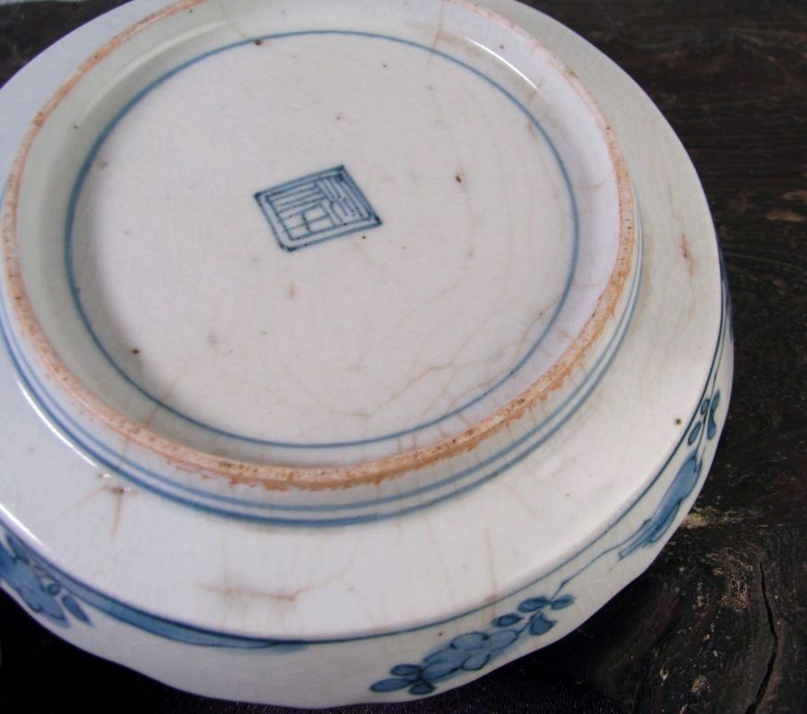 古伊万里 藍柿右衛門 鹿文小皿No5 角福銘 幅：14cm 江戸中期/26a067