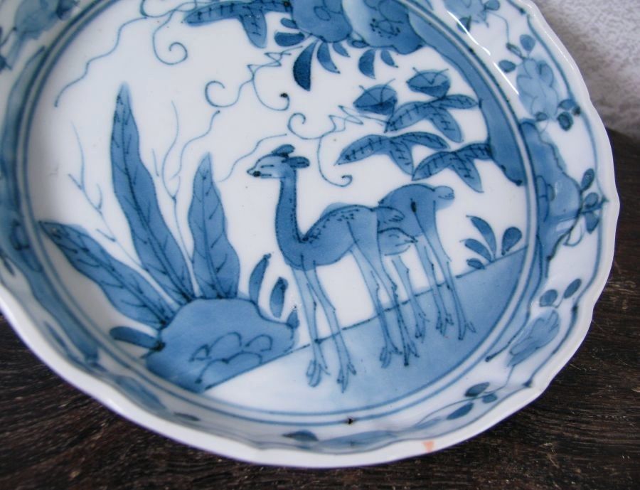 古伊万里 藍柿右衛門 鹿文小皿No4 角福銘 幅：14cm 江戸中期/26a066