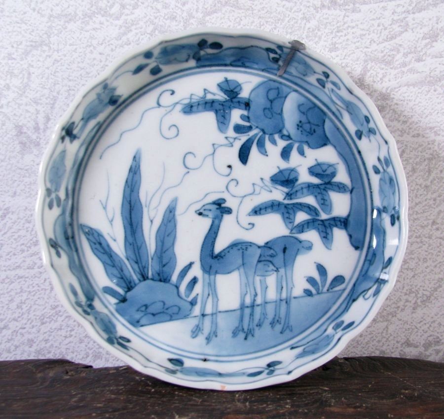 古伊万里 藍柿右衛門 鹿文小皿No4 角福銘 幅：14cm 江戸中期/26a066