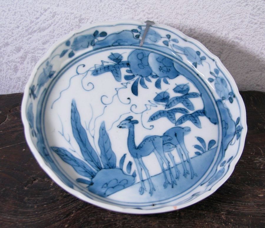 古伊万里 藍柿右衛門 鹿文小皿No4 角福銘 幅：14cm 江戸中期/26a066