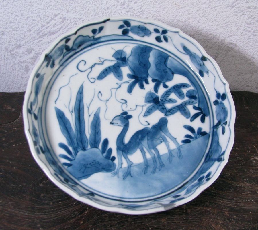 古伊万里 藍柿右衛門 鹿文小皿No3 角福銘 幅：14cm 江戸中期/26a065