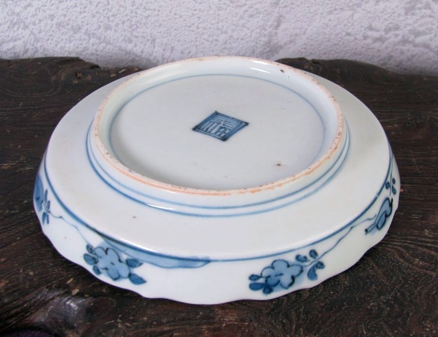 古伊万里 藍柿右衛門 鹿文小皿No2 角福銘 幅：14cm 江戸中期/26a064