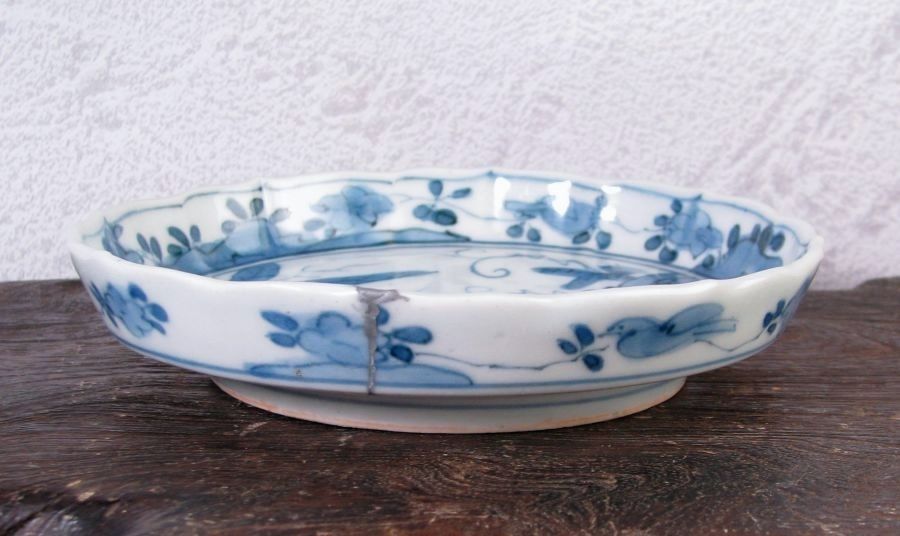 古伊万里 藍柿右衛門 鹿文小皿No2 角福銘 幅：14cm 江戸中期/26a064