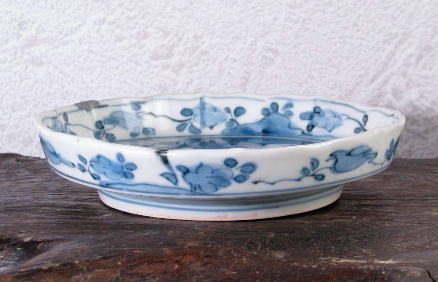 古伊万里 藍柿右衛門 鹿文小皿No1 角福銘 幅：14cm 江戸中期/26a063