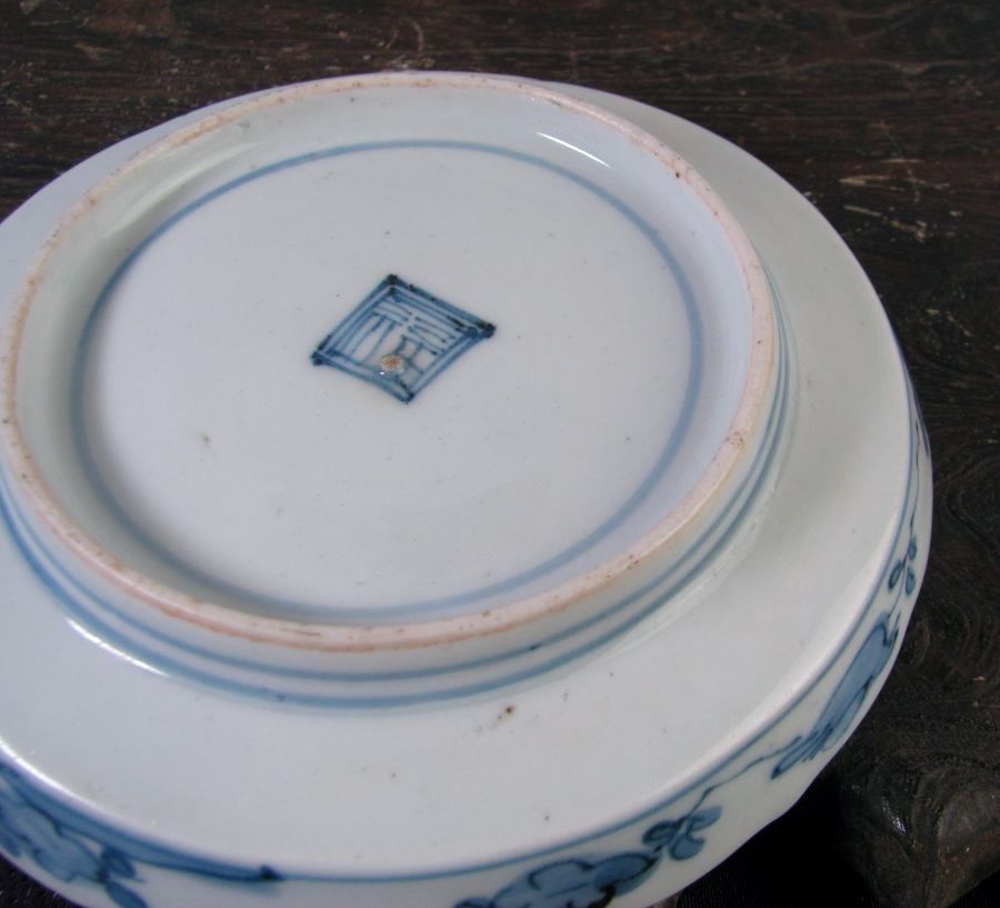 古伊万里 藍柿右衛門 鹿文小皿No1 角福銘 幅：14cm 江戸中期/26a063