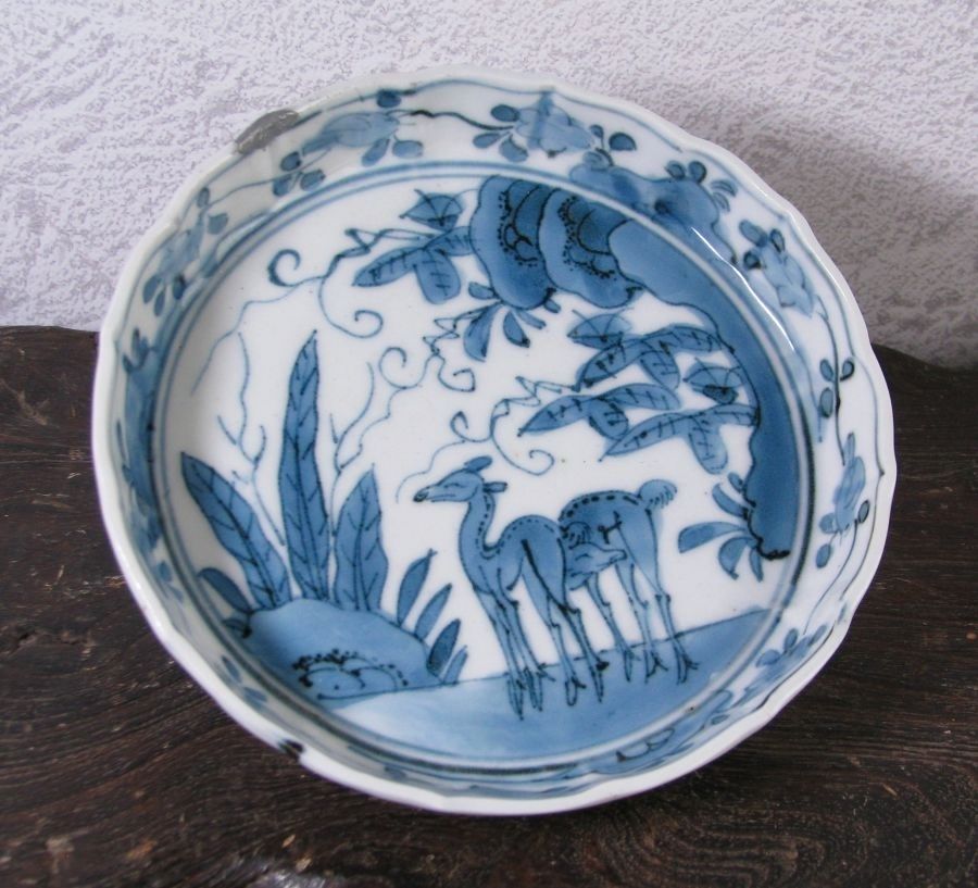 古伊万里 藍柿右衛門 鹿文小皿No1 角福銘 幅：14cm 江戸中期/26a063