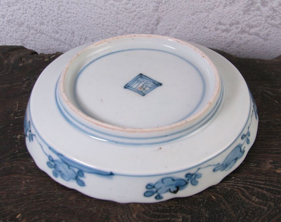 古伊万里 藍柿右衛門 鹿文小皿No1 角福銘 幅：14cm 江戸中期/26a063