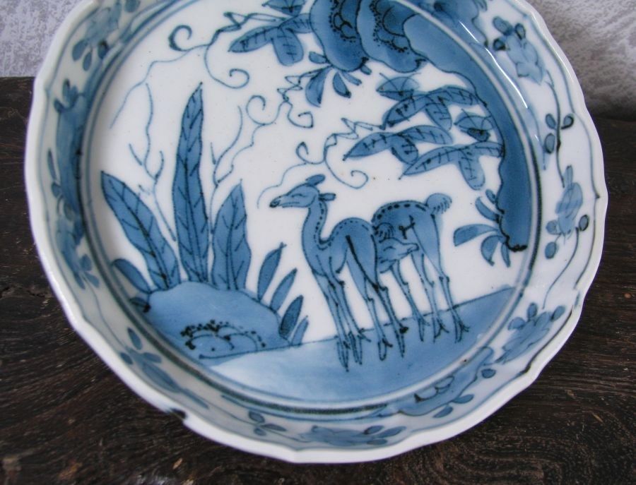 古伊万里 藍柿右衛門 鹿文小皿No1 角福銘 幅：14cm 江戸中期/26a063