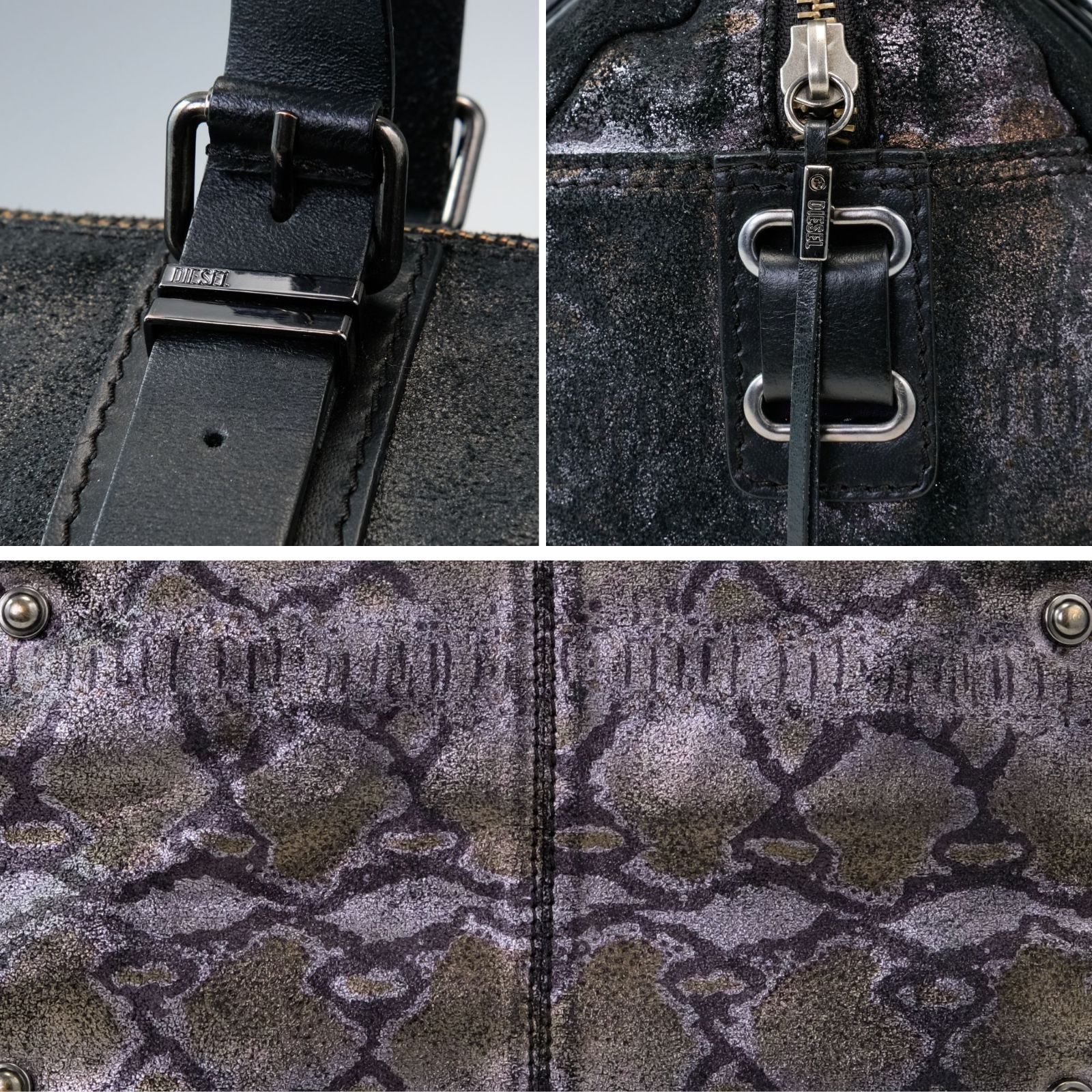 Diesel ディーゼル　ボストンバッグ y2k トートバッグ Y2K・希少】DIESEL ディーゼル ボストンバッグ 黒 レザー×ラメ 肩掛け