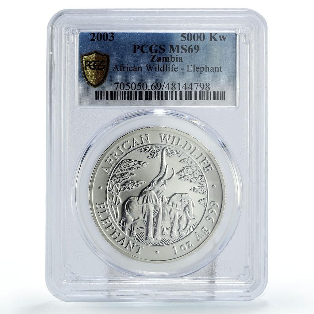 ザンビア 5000クワチャ アフリカの野生動物 ゾウ 動物相 MS69 PCGS