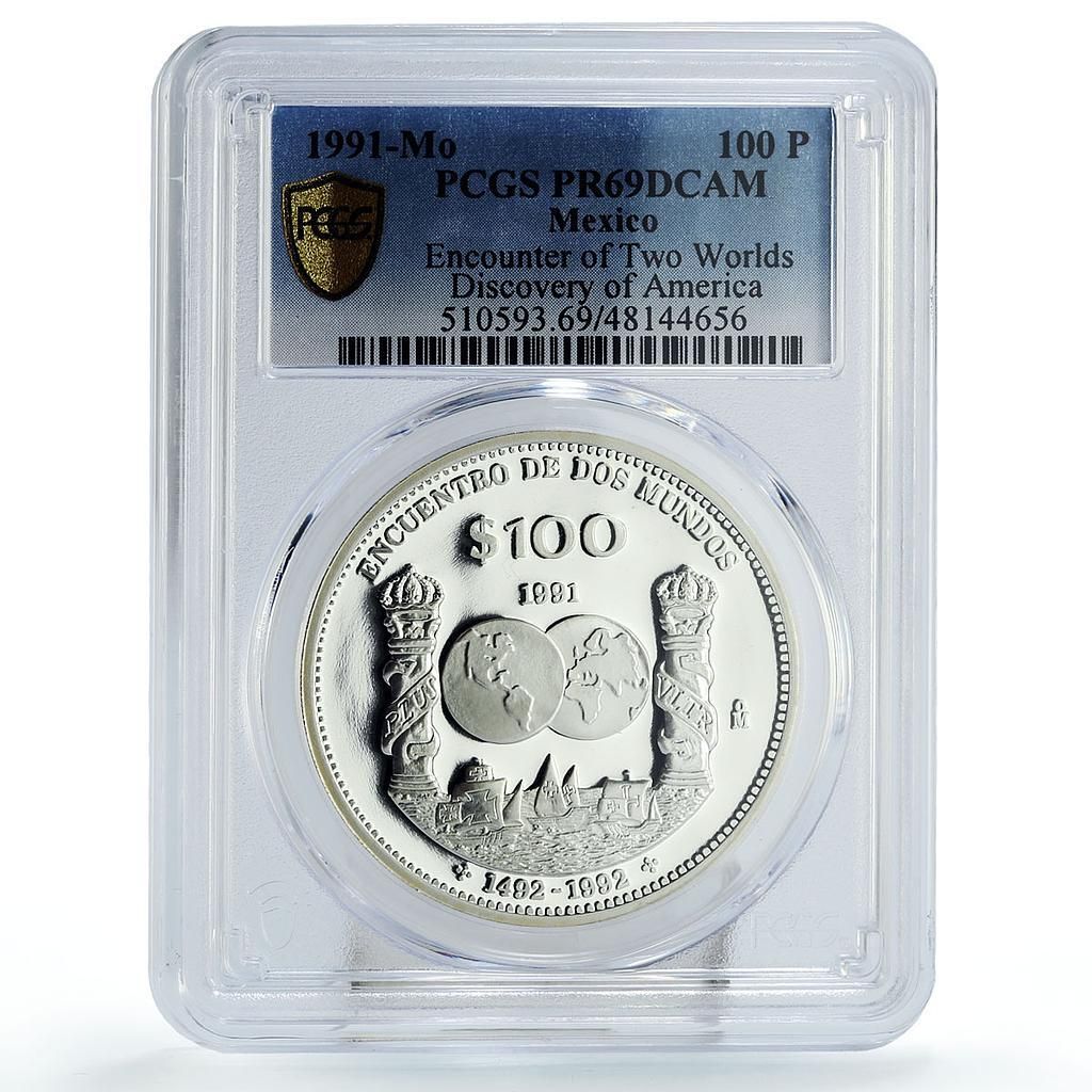 メキシコ 100ペソ 二つの世界の遭遇 船の柱 PR69 PCGS 銀貨 1991年