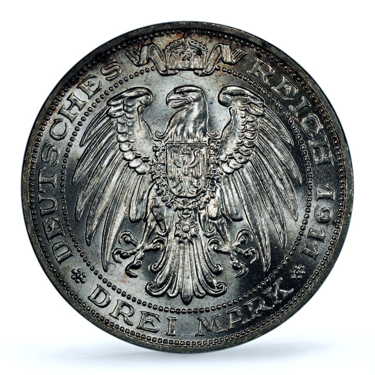 ドイツ プルシア 3マルク ブレスラウ大学 ヴロツワフ MS 64 PCGS 銀貨