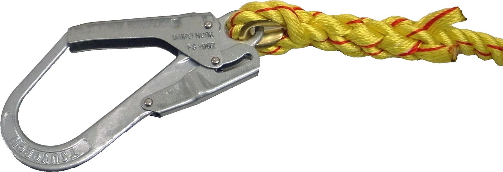 ニューテトロン親綱 垂直用 片側大口径フック付 16 mmΦ×30 m ロープエンド逆サツマ加工