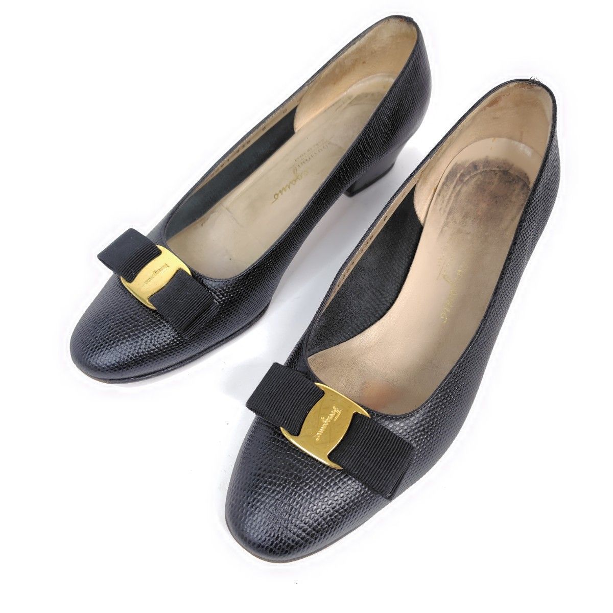 Salvatore Ferragamo フェラガモ パンプス 8C リザード ヴァラ リボン