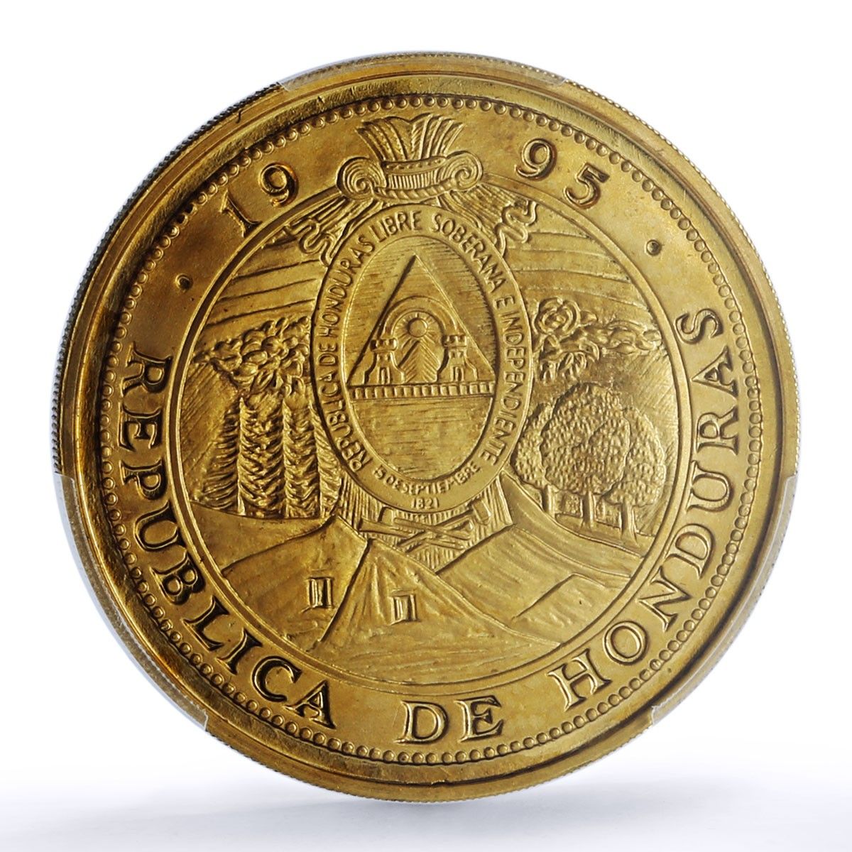 ホンジュラス 10レンピラ パターン金箔合金 Xb.1 PR 68 PCGS AE RE