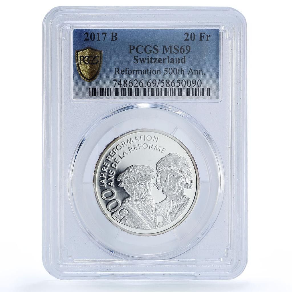 スイス 20フラン レメーション ツヴィングリ カルヴァン MS 69 PCGS