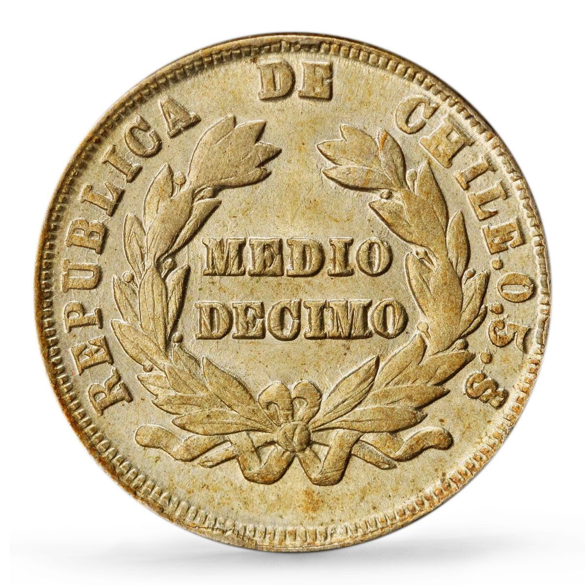 チリ 1/2 デシモ 通常貨幣 コンドル鳥 KM-137.3 MS64 PCGS 銀貨 1894年