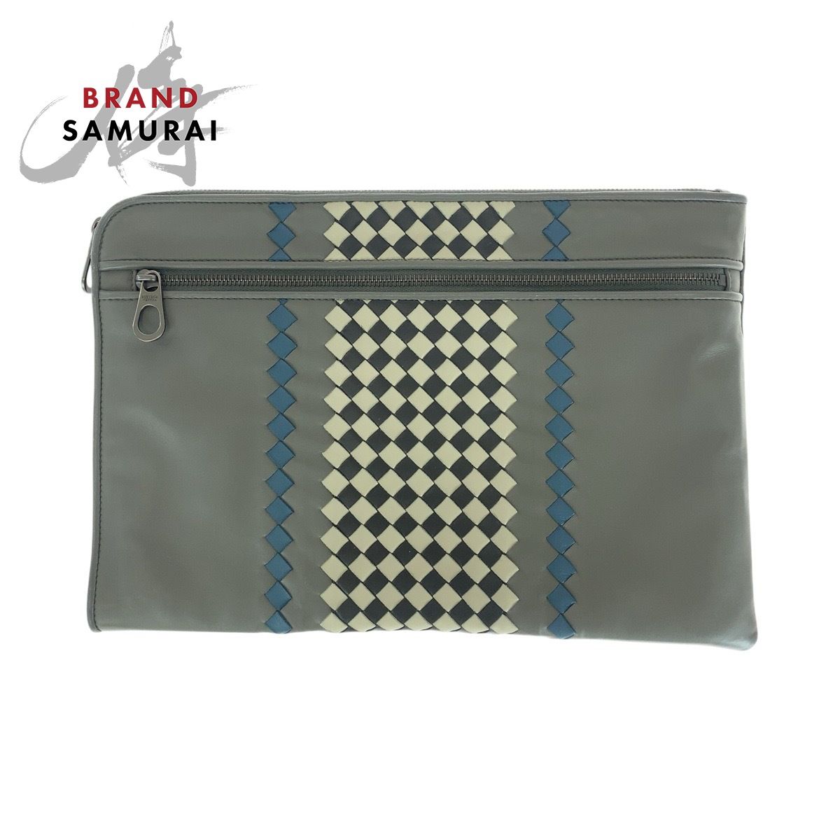 美品 BOTTEGAVENETA ボッテガヴェネタ イントレチャート グレー ガンメタ金具 レザー クラッチバッグ セカンドバッグ メンズ 503451