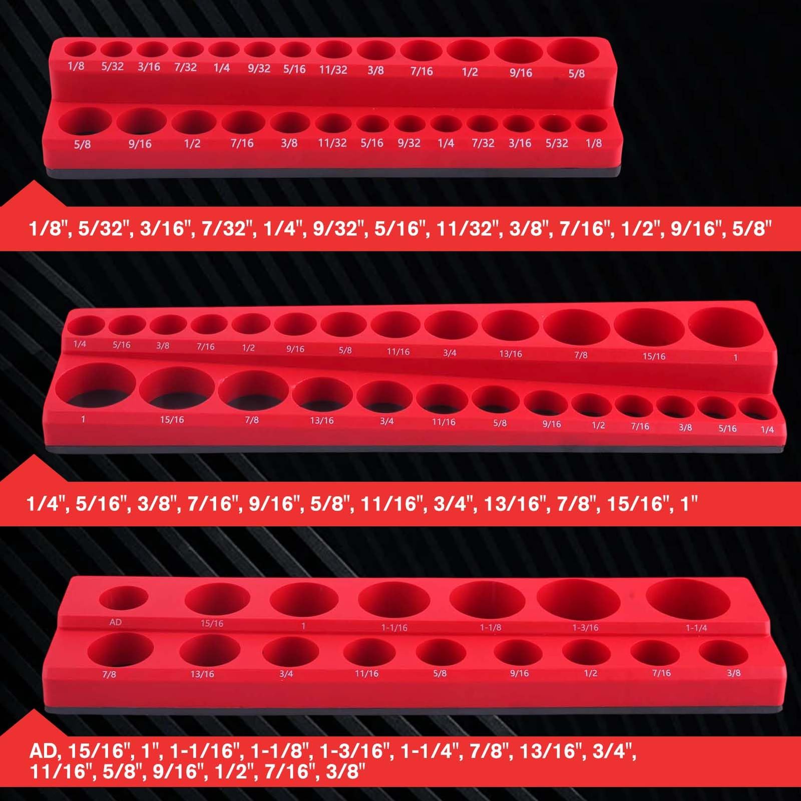  磁気ソケットホルダー 磁気オーガナイザー 3点セット 1|4 3|8 1|2インチ ドライブトレイ 耐衝撃性 ストレージツールボックス 68スロット収納 簡単アクセス ソフトラバーカバーブラックツール ソケットは含まれていません 屋外収納庫 物置 車庫