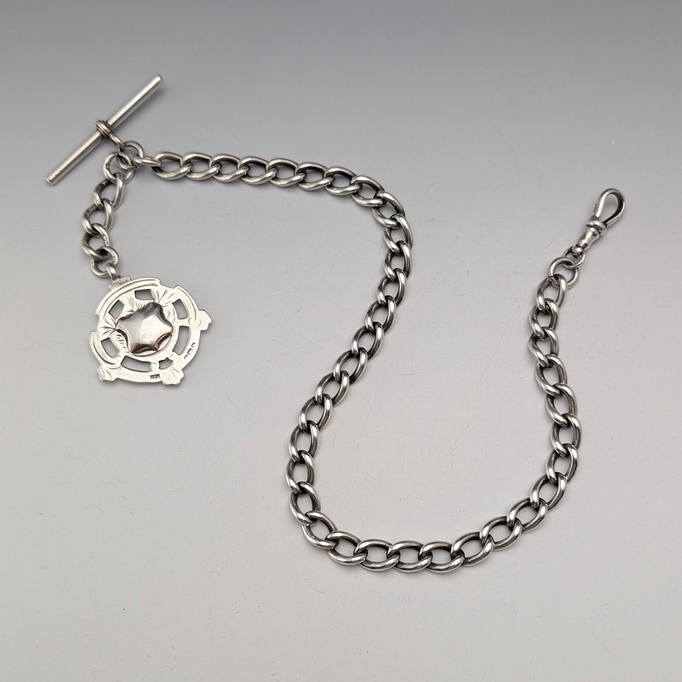 1905年頃 英国ヴィンテージ 純銀製アルバートチェーン 54g 純銀