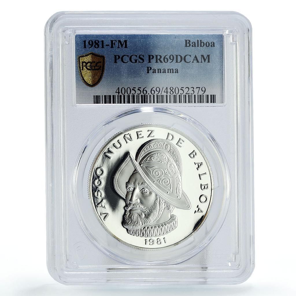 パナマ 1バルボア 通常貨幣 バスコ・バルボア KM-39.1b PR69 PCGS 銀貨