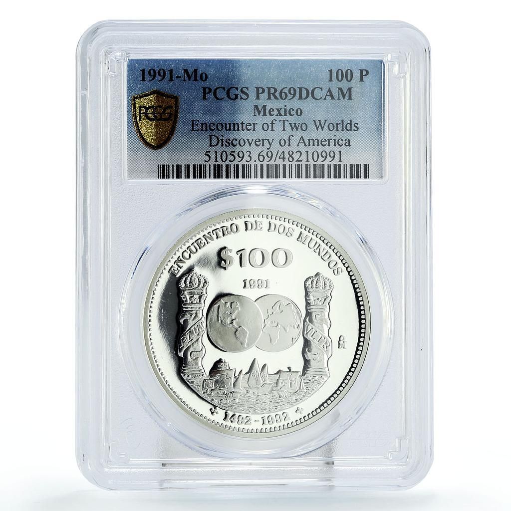 メキシコ 100ペソ 二つの世界の遭遇 船の柱 PR69 PCGS 銀貨 1991年
