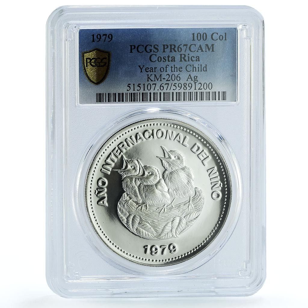 コスタリカ 100 コル チャイルドイヤー KM-206 バード PR 67 PCGS 銀貨