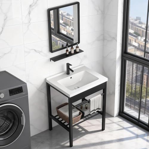 迅速に発送 洗面台 鏡付き 陶器製 洗面化粧台 混合水栓 ステンレス キャビネット 洗面ボウル 幅60 cm オープン収納 自立型 手洗い器 大容量 組立簡単 省スペース 洗面所 置き場付 家庭用 屋内 屋外 60 47 80 bafd 4 b 8 a