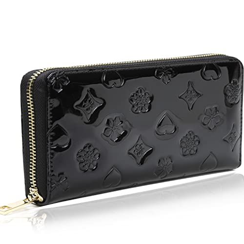 Kstarplus 財布 レディース 大容量 長財布 エナメル 革 小銭入れx 外側収納 ラウンドファスナー オシャレ 可愛い ブランド ギフト箱入り ブラック Black e d 965 b 4 1