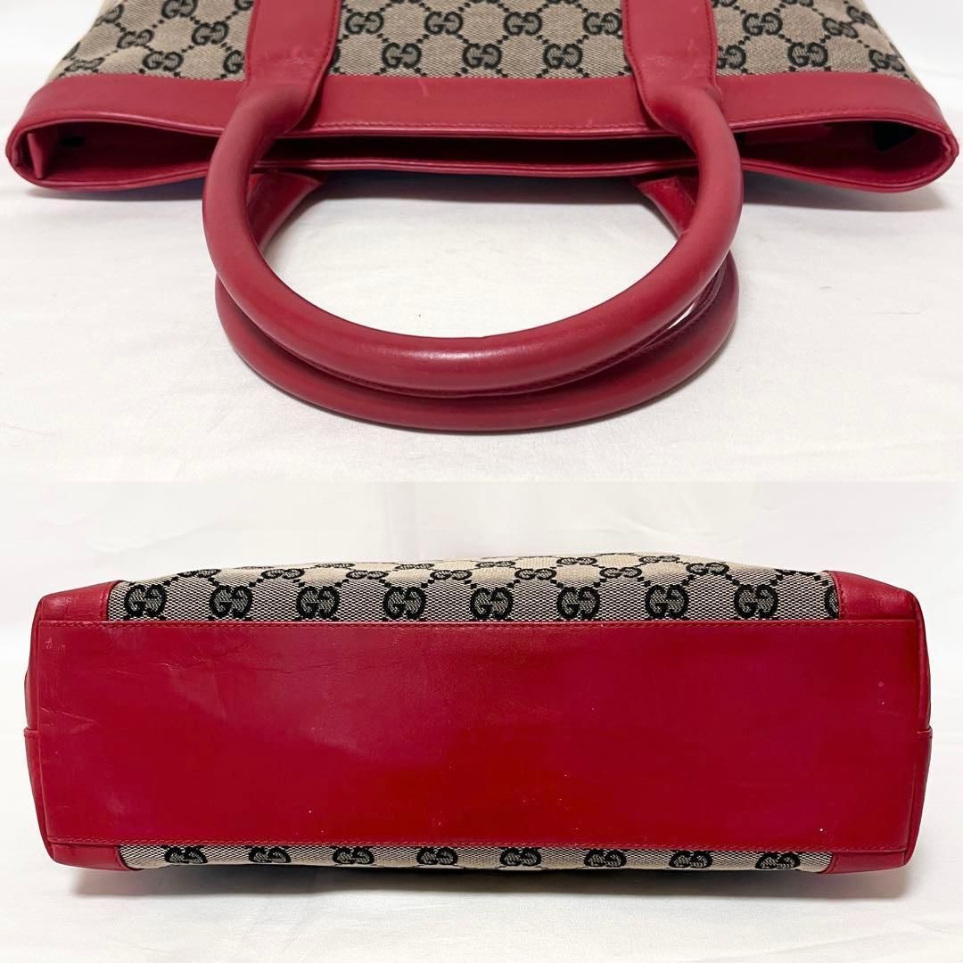 【週末お値下げ】赤GUCCI トートバック　GG柄　キャンバス　バケツ型 GUCCI グッチ トートバッグ GGキャンバス レザー ネイビー ベージュ