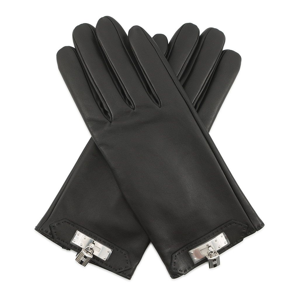 HERMES ラムスキン ファーケリーカデナグローブ手袋ブラック 7.5 エルメス グローブ ケリー カデナチャーム ラムスキン レディース