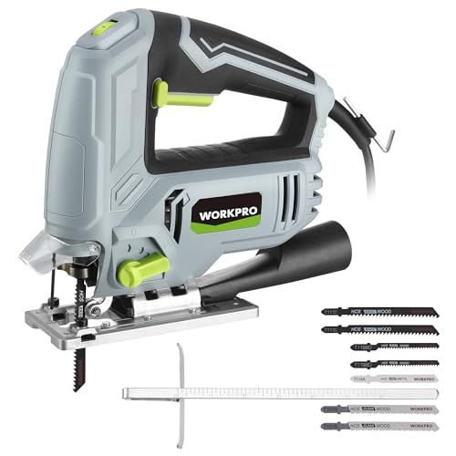 迅速に発送 WORKPRO ジグソー 傾斜 曲線切断 ダイヤル式6段変速 オービタル4段階調節 ワンタッチ切替 木材 プラスチック 金属切断用 除塵 吸引 吹き出し掃除機能 透明保護カバー付き ブレード７本 定規付き 木工 DIY作業 取扱 b 5104 ebe