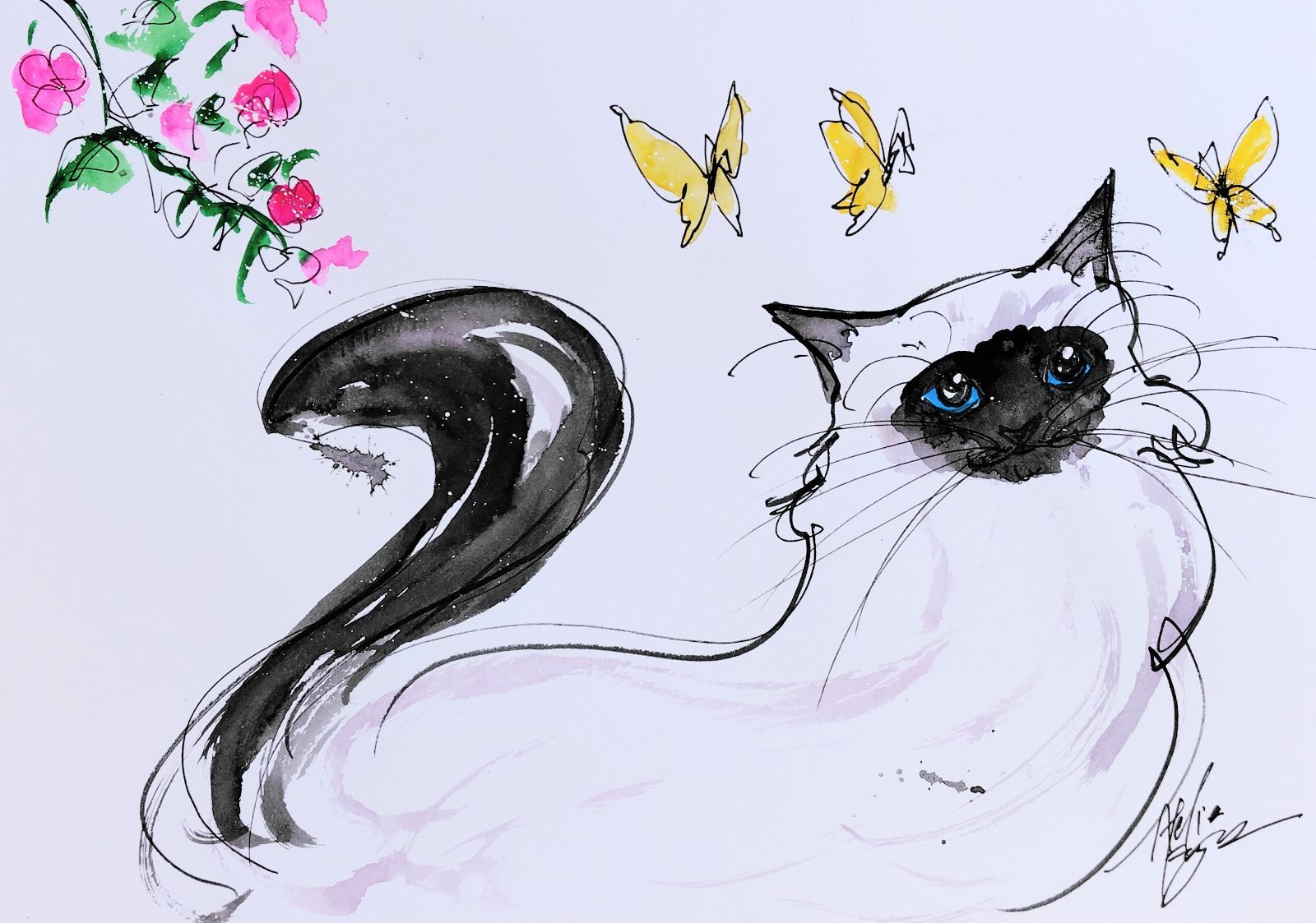 原画#309 猫 蝶 春 水彩画 ドローイング インテリア アート イラスト