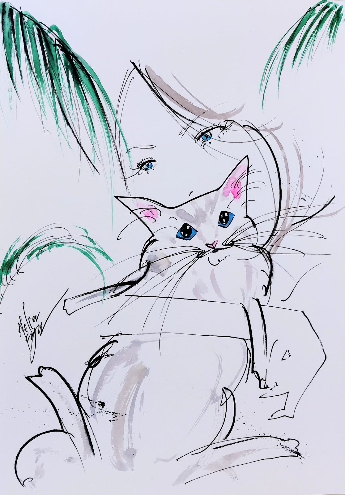 原画#310 女性画 猫 植物 水彩画 ドローイング インテリア アート