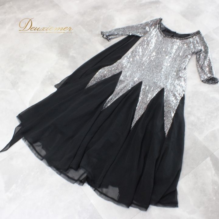 Create-sun 社交ダンス ドレス 黒×シルバー メタリックデザイン 社交ダンス 衣装 スタンダード ドレス ワンピース レッスンウェア