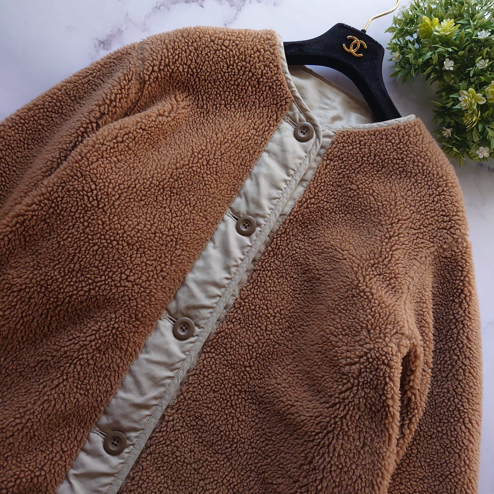 ロンハーマン リバーシブルボアコート ノーカラー ロング ブラウン M-L