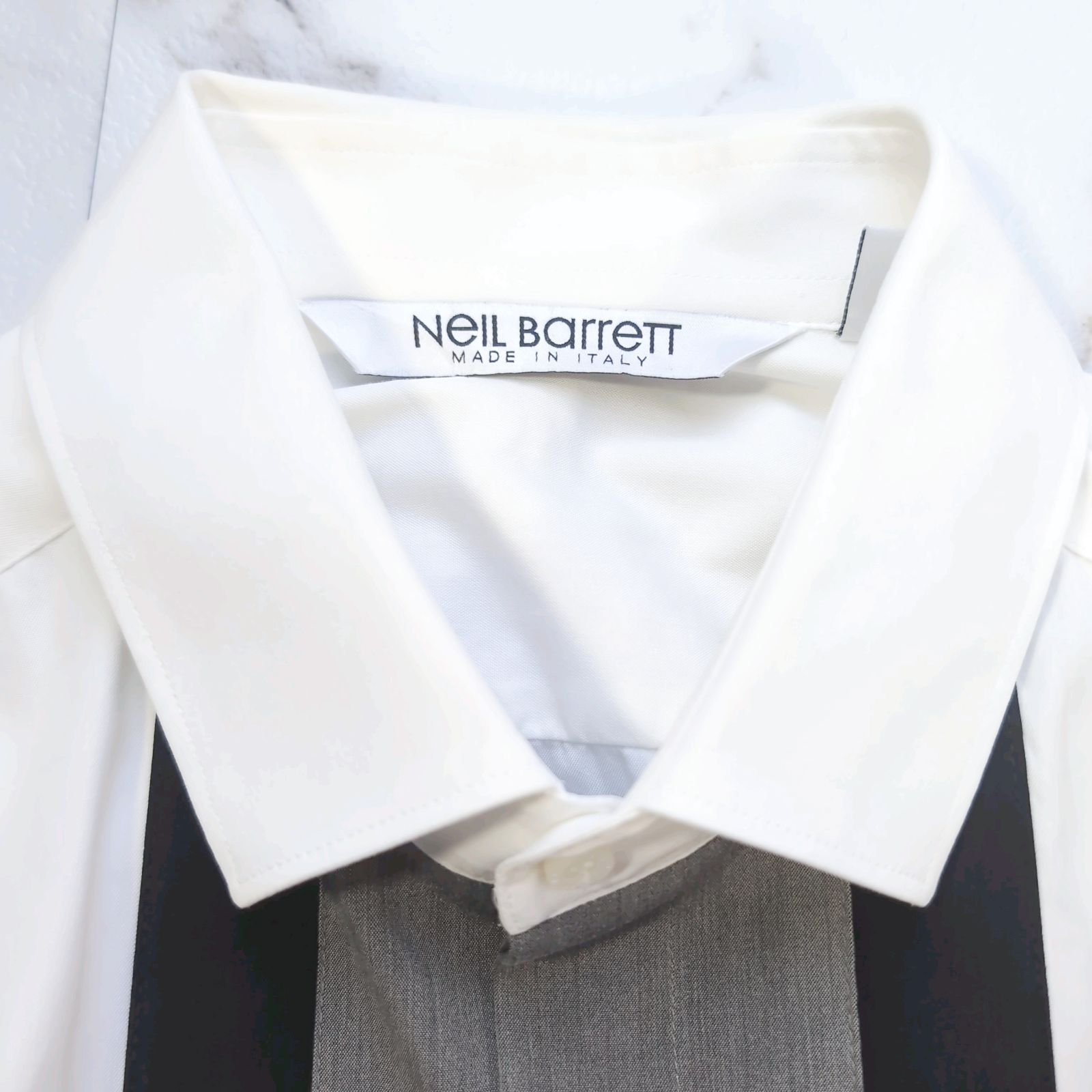 Neil Barrett 37(S) L/S ドレスシャツ ライン ストライプ ホワイト