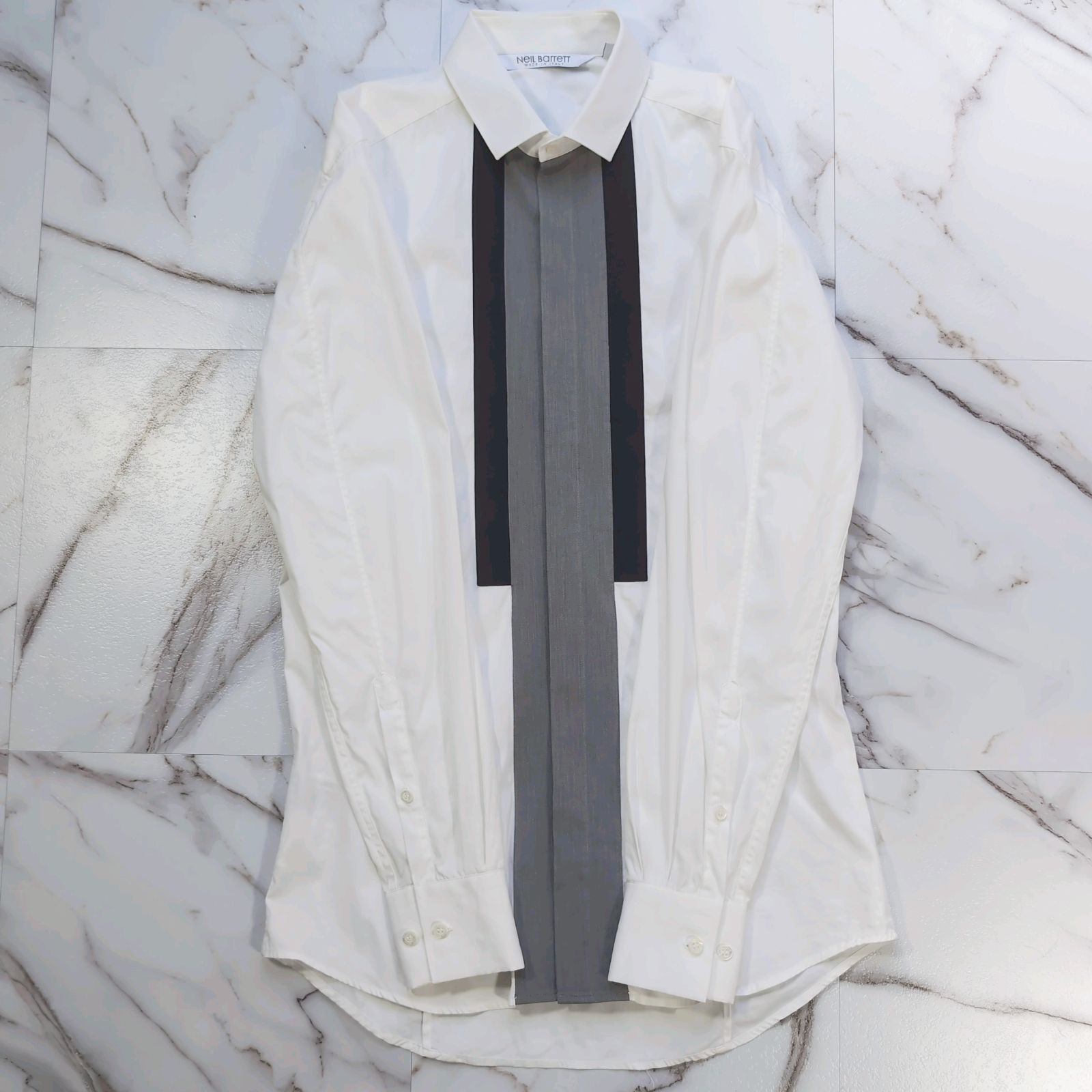 Neil Barrett 37(S) L/S ドレスシャツ ライン ストライプ ホワイト