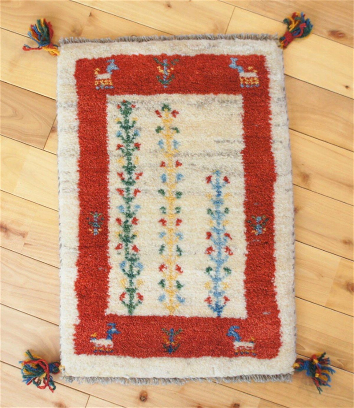 ペルシャ ギャッベ 玄関マット小 ラグ 58x38.5cm 茜色 ベージュ 生命の