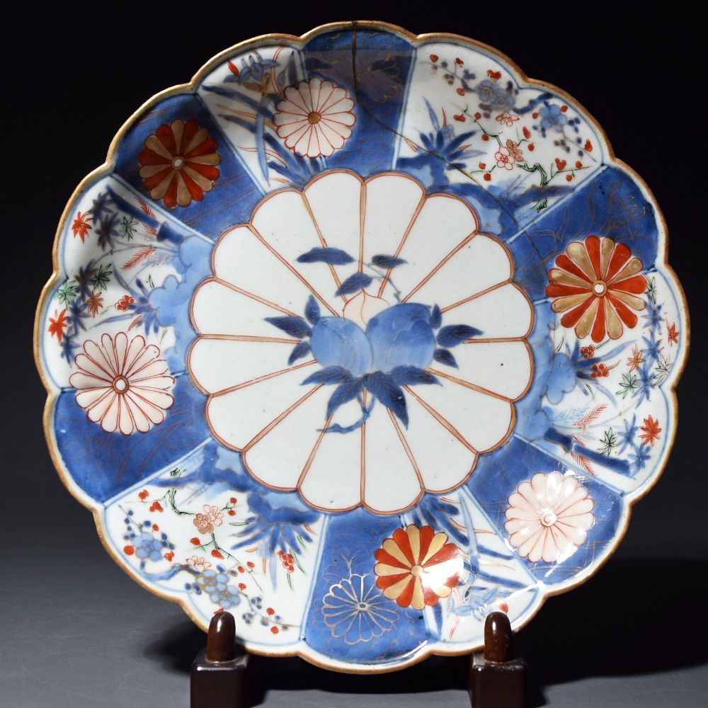 江戸時代 古伊万里 渦福 染錦手菊割皿 皿 中皿 盛り皿 時代物 和食器