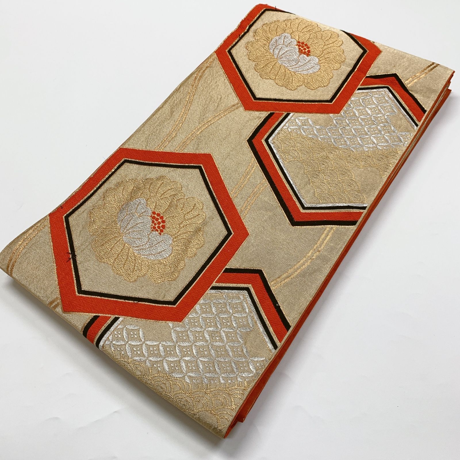 6862］袋帯 花亀甲七宝文様 金 銀糸 六通 正絹 着物 フォーマル - メルカリ