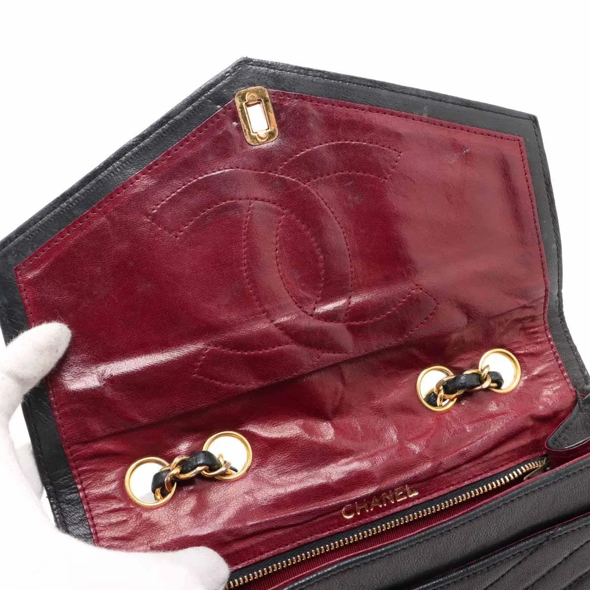 美品 シャネル シェブロン ラムスキン レザー 2WAY チェーン