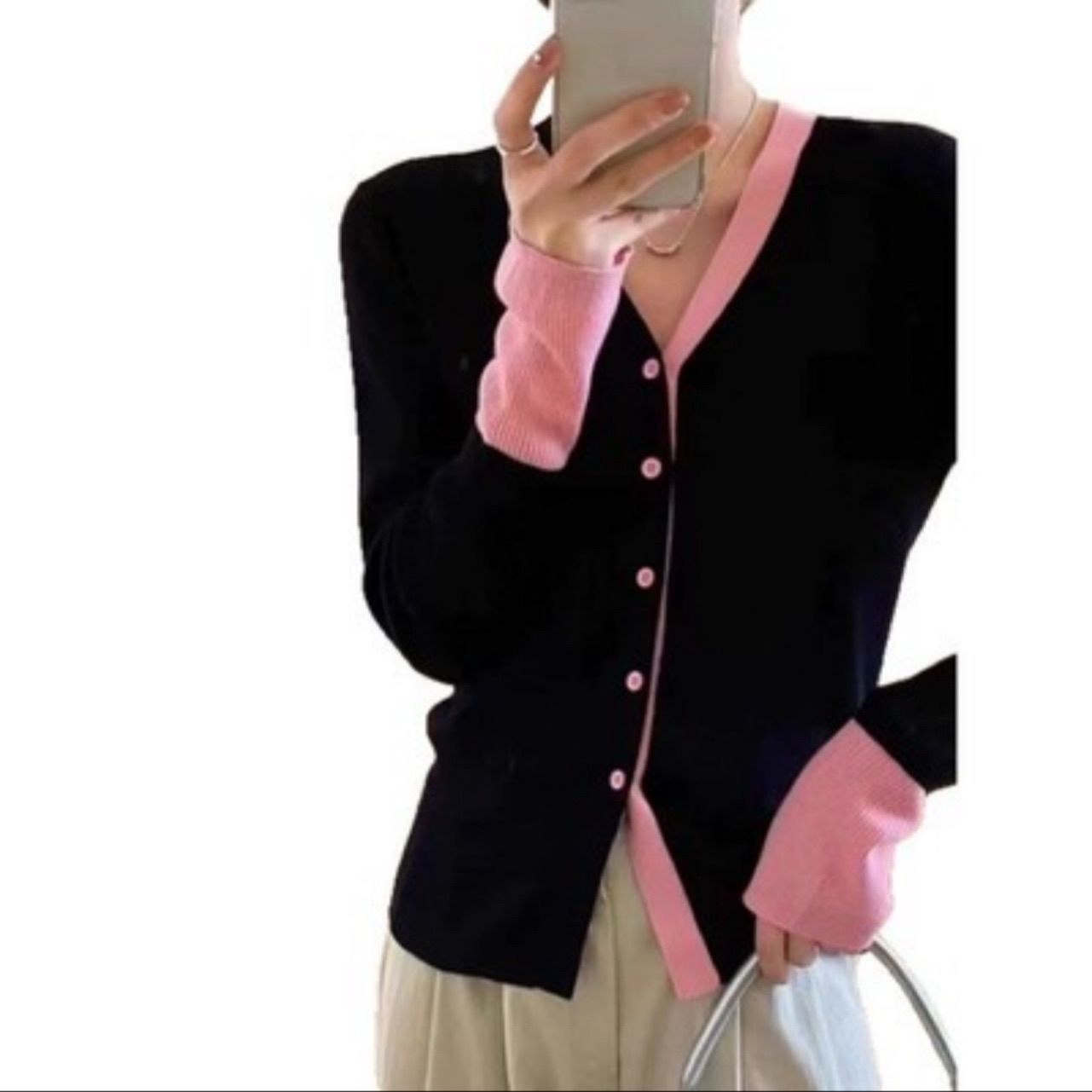 新品】バイカラーニットカーディガン ブラック×ピンク Vネック 長袖