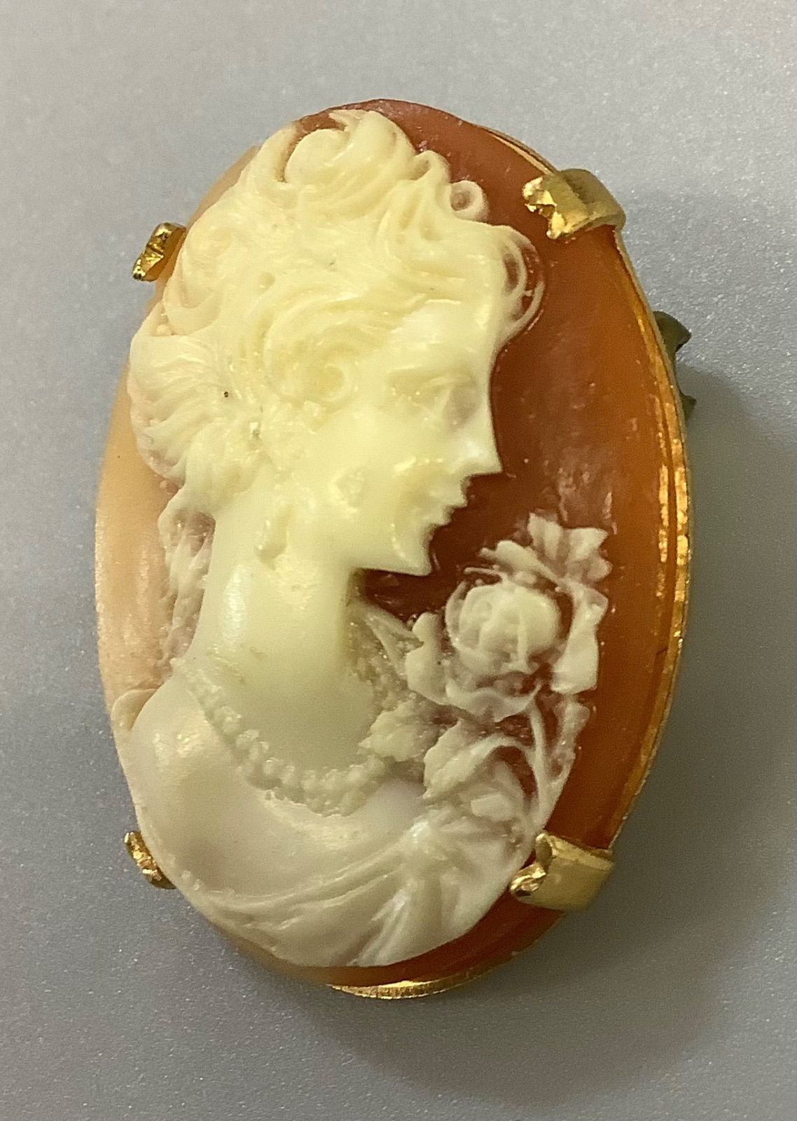 SN763 カメオ Cameo アンティーク ブローチ女性の横顔 ピンク 白