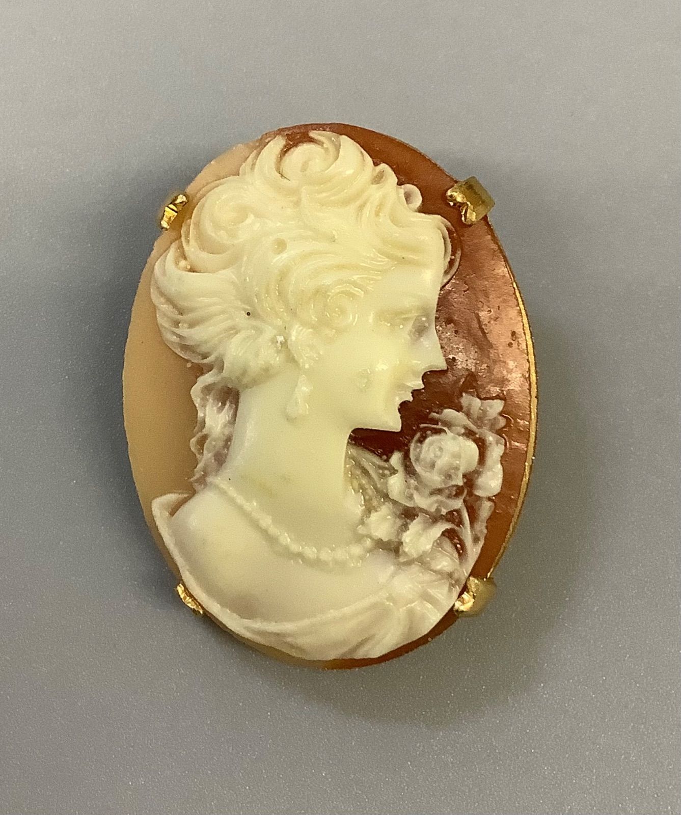 SN763 カメオ Cameo アンティーク ブローチ女性の横顔 ピンク 白