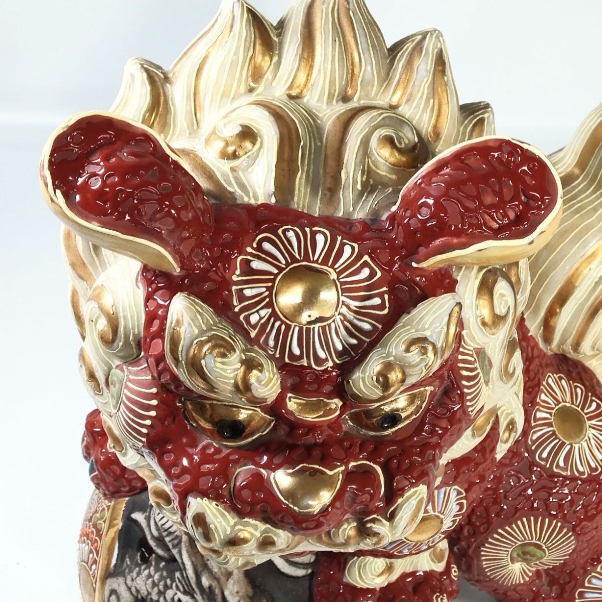 九谷焼 須栄義作 八幡窯 玉乗り獅子 高さ約30.0cm 置物 陶器 シーサー