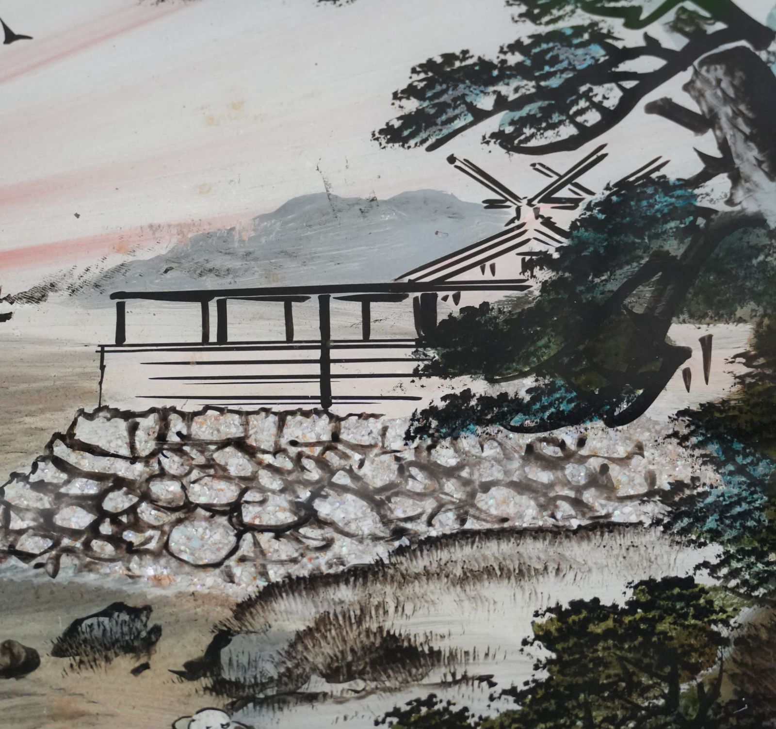 ガラス絵　日露戦争　幻灯シリーズ　東京写真印刷　アンティーク　コレクション　　2 IM] 作者不明 ガラス絵 景昇旭浦之見二州勢 約65cm×約51㎝ 伊勢 二見浦