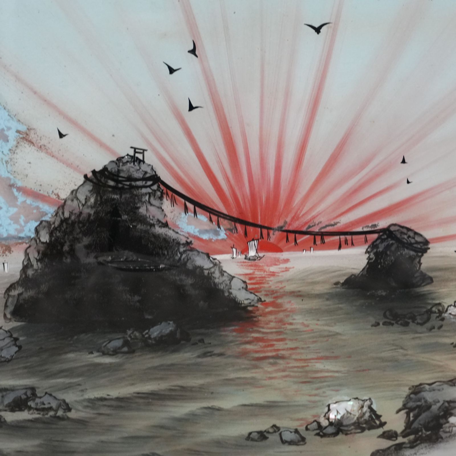 IM] 作者不明 ガラス絵 景昇旭浦之見二州勢 約65cm×約51㎝ 伊勢 二見浦