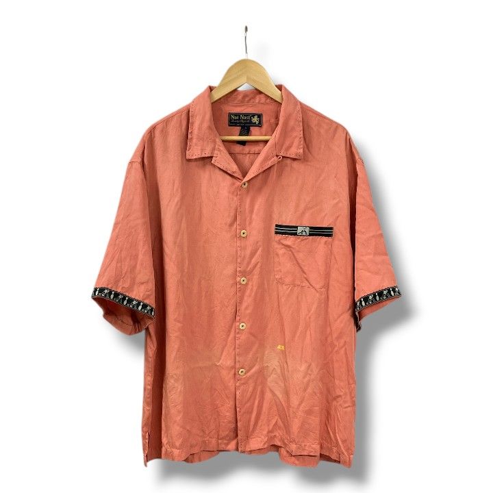 Nat Nast ナットナスト 100％シルク ボウリングシャツ XL コーラル系